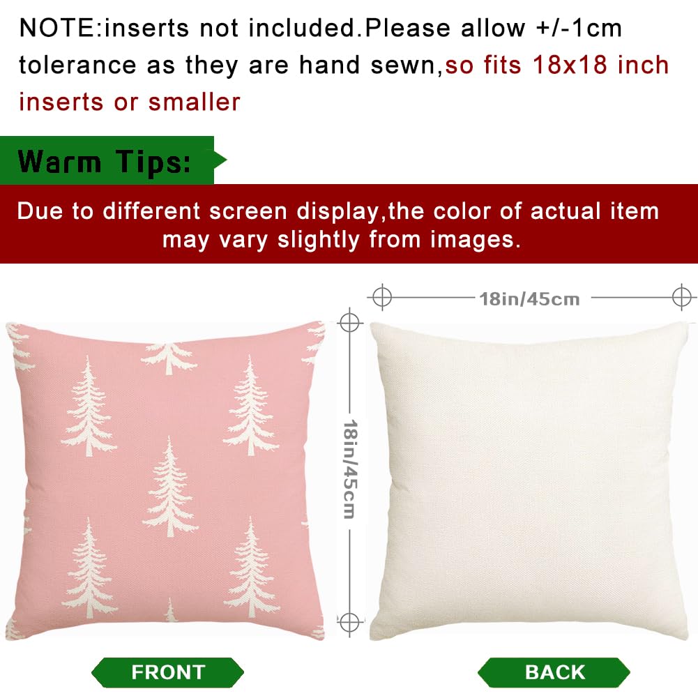 RABUSOFA Christmas Pillow Covers 18x18 inch Set of 2 Indoor Outdoor Waterproof Blush Christmas Decor Tree Decorative Throw Cushion Cases Winter Xmas Holiday Decoration for Couch Patio Pink