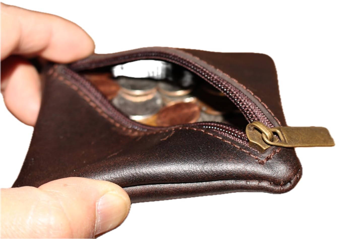 Leather Coin Pouch, Leather Zippered Change Holder, Compact Change Holder and Mini Pocket Wallet for Men & Women Handmade Purse Organizer (Brown)