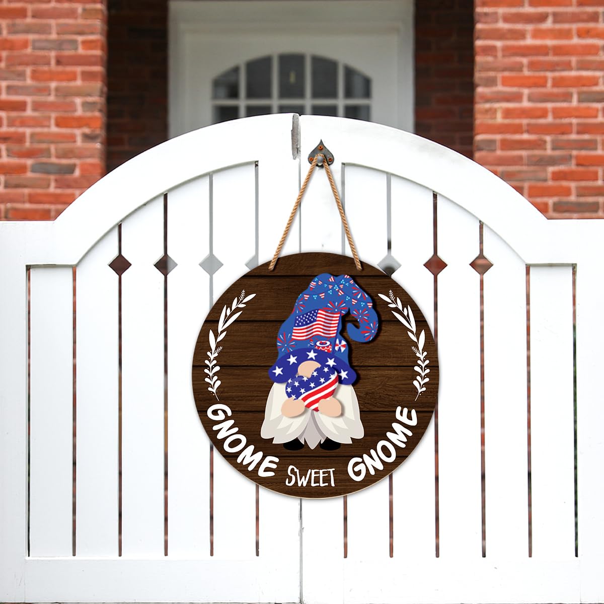 Interchangeable Gnome Welcome Sign Summer Patriotic 4th of July Door Decoration, Changeable Front Porch Decor Wood Wreath Gnomes Gifts for Spring Fall Winter All Seasons Holiday, Antique Brown