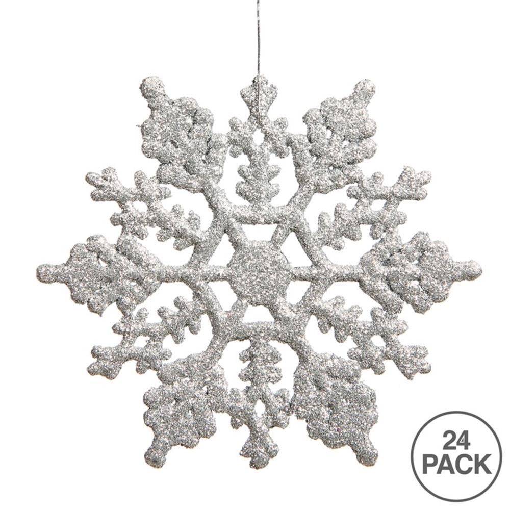 Vickerman 4" Silver Glitter Snowflake Ornament Set - Sparkly Shatterproof Snowflakes with Matching Glitter Accents and Nylon Hanging String (24 Snowflakes per Box)
