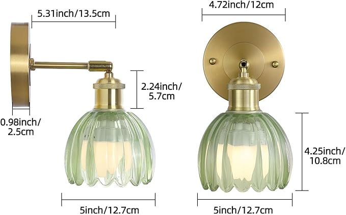 Vintage Battery Operated Wireless Wall Sconces, Rechargeable Gold Wall Lights,Green Tulip Glass Lampshad With Remote Dimmable Wall Lighting Indoor, Led Wall Lamp Fixtures For Bedroom, Living Room