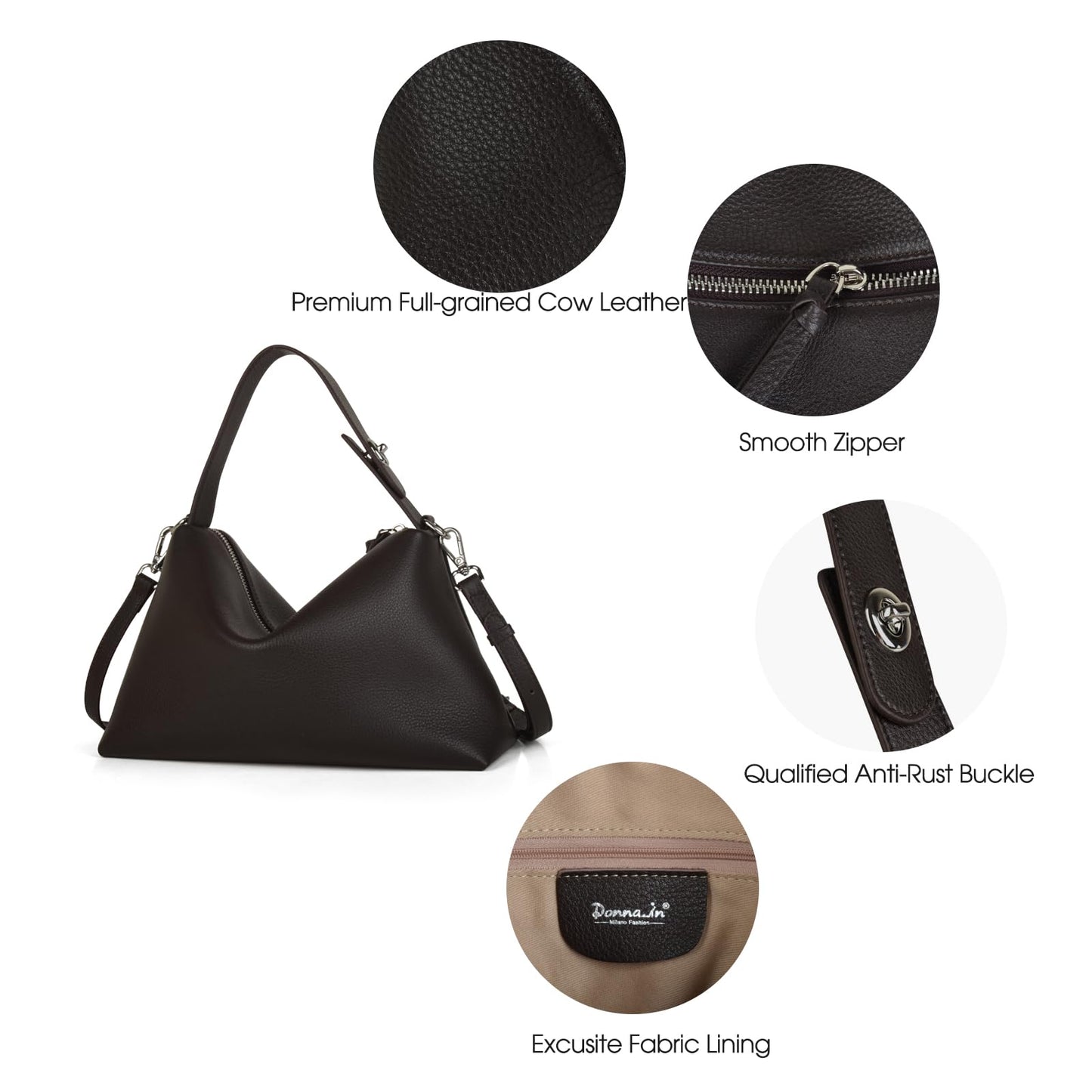 DONNAIN Premium Full-Grained Leather Crossbody Bags for Women, Slouchy Shoulder Bag with Adjustable Strap and Tote Handbag (Coffee, Small)
