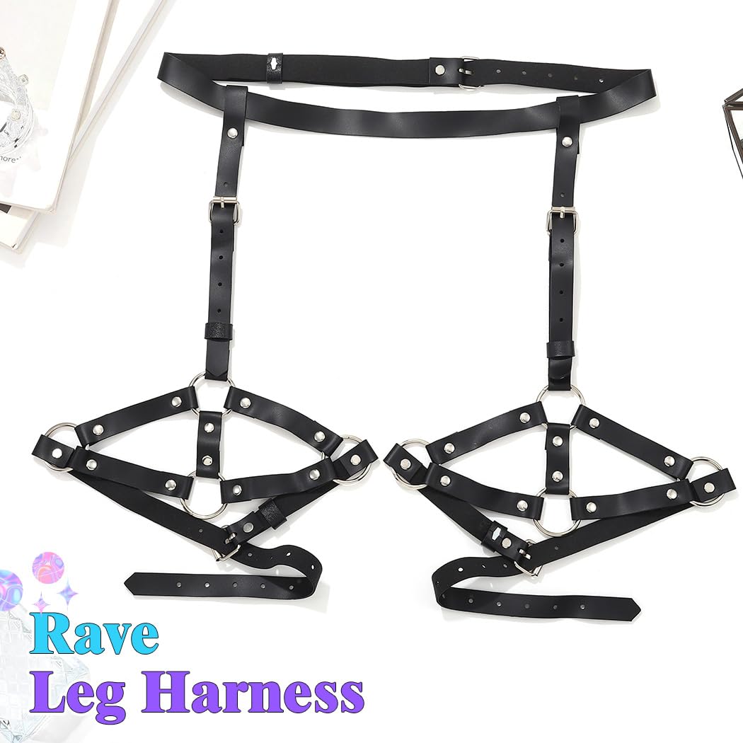 REETAN Leather Thigh Harness Black Rave Fashion Punk Leg Garter Belt for Women