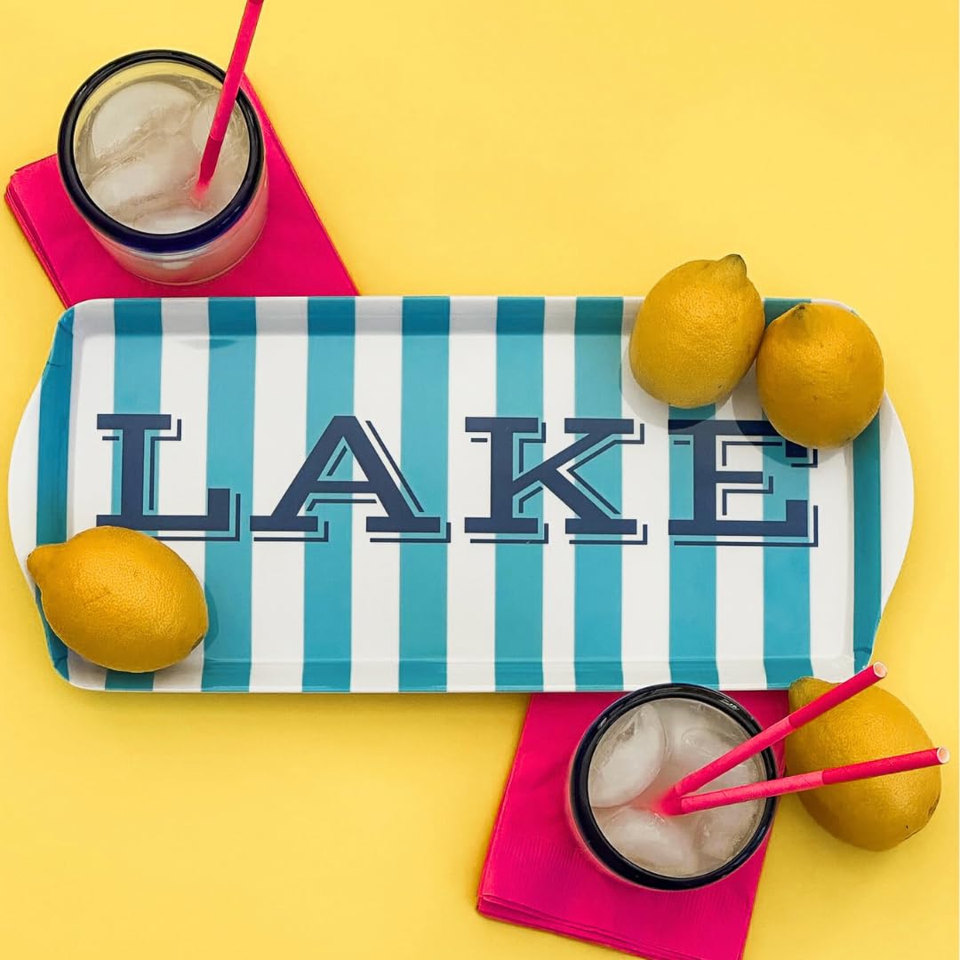 Sprinkles & Confetti Lake Melamine Serving Tray with Handles, Lake Blue Stripe Rectangular Platter - Shatter-Resistant, BPA-Free, Dishwasher Safe - Serving Tray for Charcuterie, Lake Days & BBQs