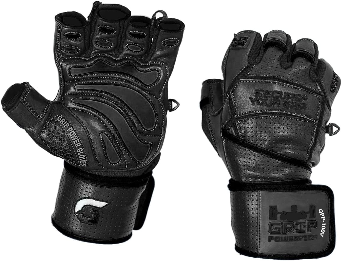 Elite Leather Gym Gloves with Built in 2" Wide Wrist Wraps Grip & Design for Weightlifting Power Lifting Bodybuilding & Strength Training Workout Exercises