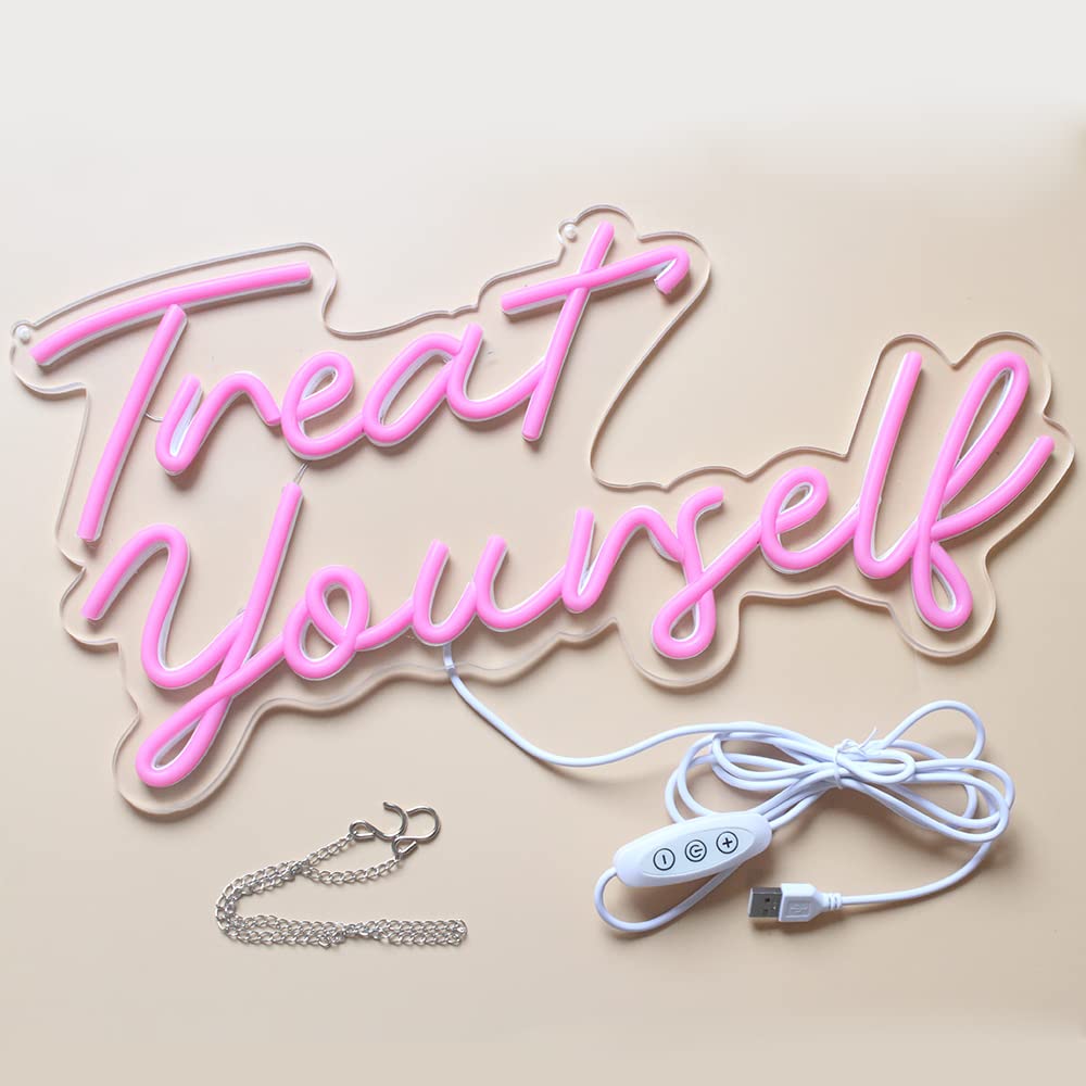 Treat Yourslef Neon Signs Pink LED Letter Neon Light Sign USB Power for Wall Decor Bedroom Wall Birthday Party Christmas Wedding Decoration(16.5 * 8.7)
