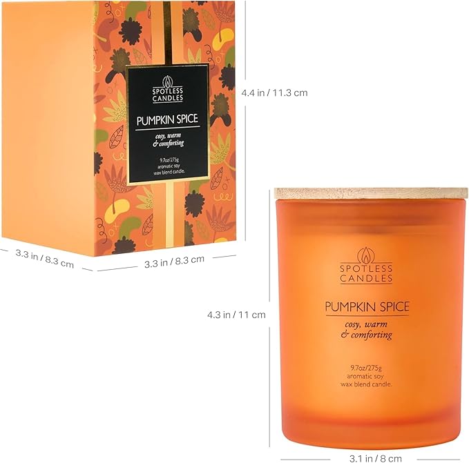 Pumpkin Spice Candle - 275g/9.7 oz Pumpkin Candle in Orange Frosted Glass Jar with Wooden Lid and Wooden Crackling Wick in Luxurious Gift Box - Cosy, Warm and Comforting