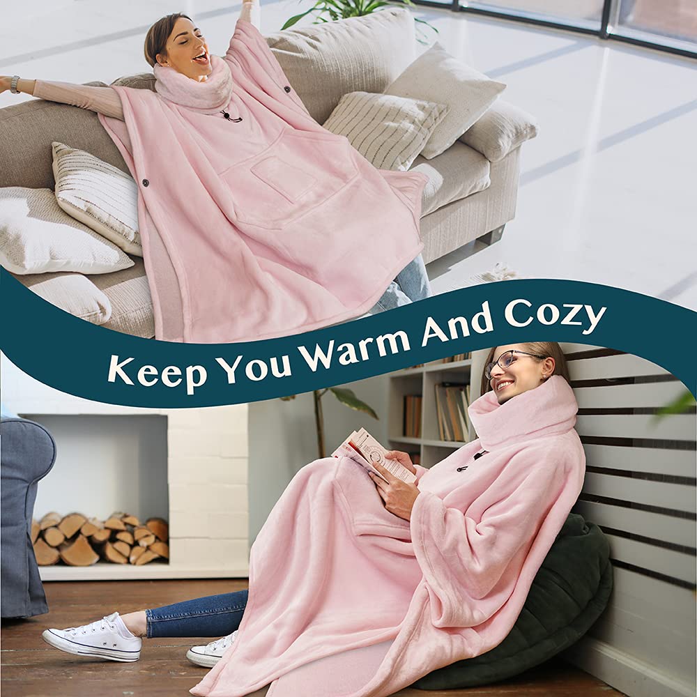 PAVILIA Sherpa Wearable Blanket Poncho Women Men, Oversized Hoodie Sweatshirt Poncho Blanket, Hooded Sweater Wrap Cape Neck Warmer, Fleece Soft Hug Sleep Pod Adult, Cozy Warm Gift Ideas Sister, Pink