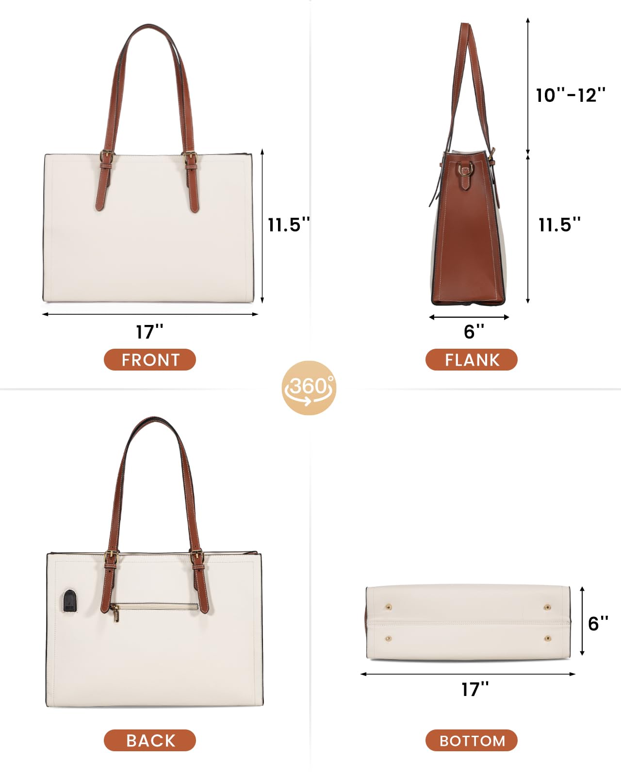 LOVEVOOK 15.6 Inch Laptop Bag for women, Large Waterproof PU Leather Work Briefcase with USB Charging Port Casual Computer Bag Messenger, Fashion Business Office Tote Handbag Purse, White-Brown
