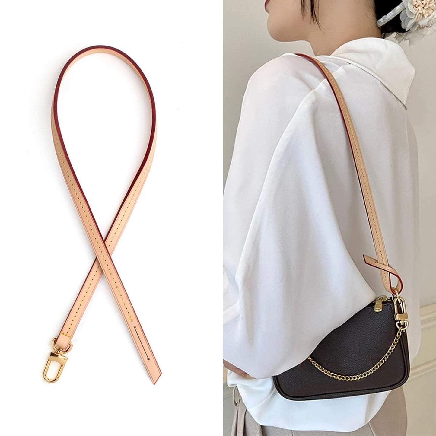jiesinlov Genuine Vachetta Leather Replacement Bags Thin short Strap Shoulder Purse Straps for Multi Pochette Boulogne pouchette Montaigne Accessories 20INCH (0.39Width Single one Buckle 23.5Length)
