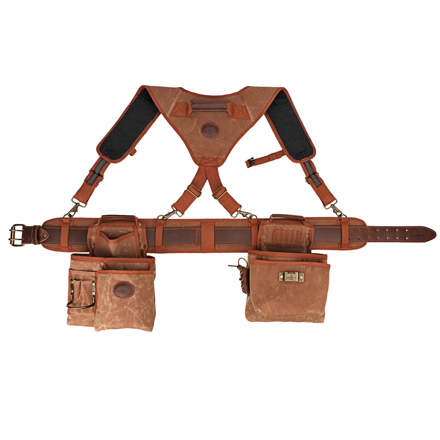 Heavy Duty Canvas Carpenter Tool Belt with Suspenders & 12 Pockets, Detachable Tool Pouch Set for Framers Construction Electricians, Padded Rig, Brown, Fits 39-46" Waist