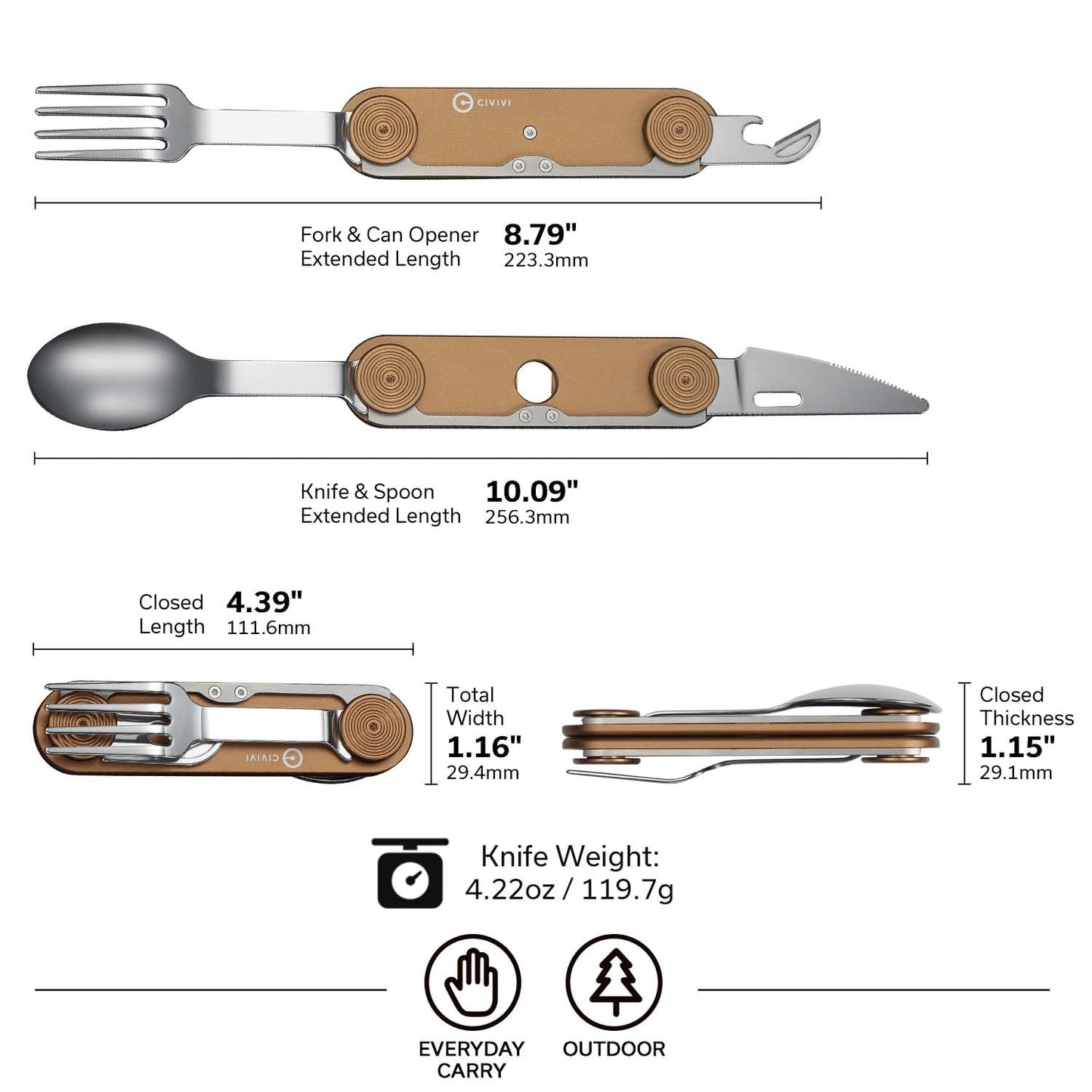 CIVIVI Partake 4-in-1 Camping Utensil, Detachable Stainless Steel Folding Knife, Fork, Spoon & Bottle Opener Multi-Tool, with Waxed Canvas Pouch for Travel Camping Hiking, C24032C-2, Coyote Brown