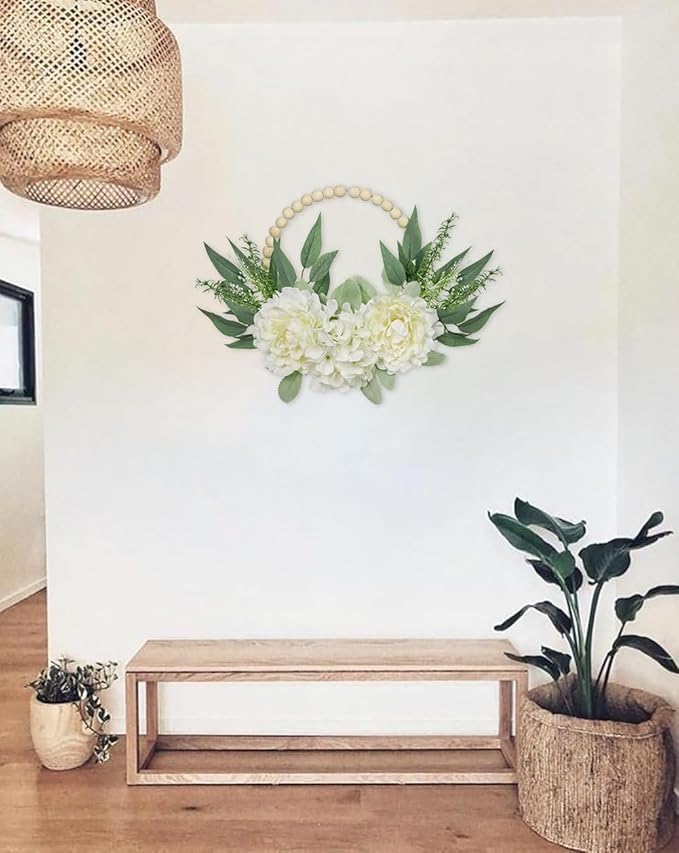 Spring Wreaths for Front Door 10" Artificial Floral Wood Bead Wreaths Eucalyptus Leaves Peony Hydrangea Wreaths for Front Door Boho Farmhouse Wall Decor 2 Pack - White