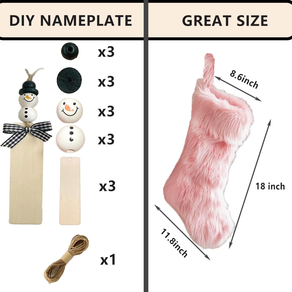 AOGU 3 Pack 19 Inch Pink Christmas Stockings Faux Fur Xmas Christmas Stockings Hanging Ornaments Candy Gift Bags for Christmas Decorations