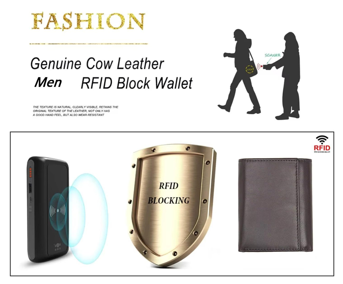 AurexaFashion Genuine Leather Short Trifold Wallet for Men, RFID Blocking, Snap Closure. 11 Card Slots, 2 ID Windows. Mahogany