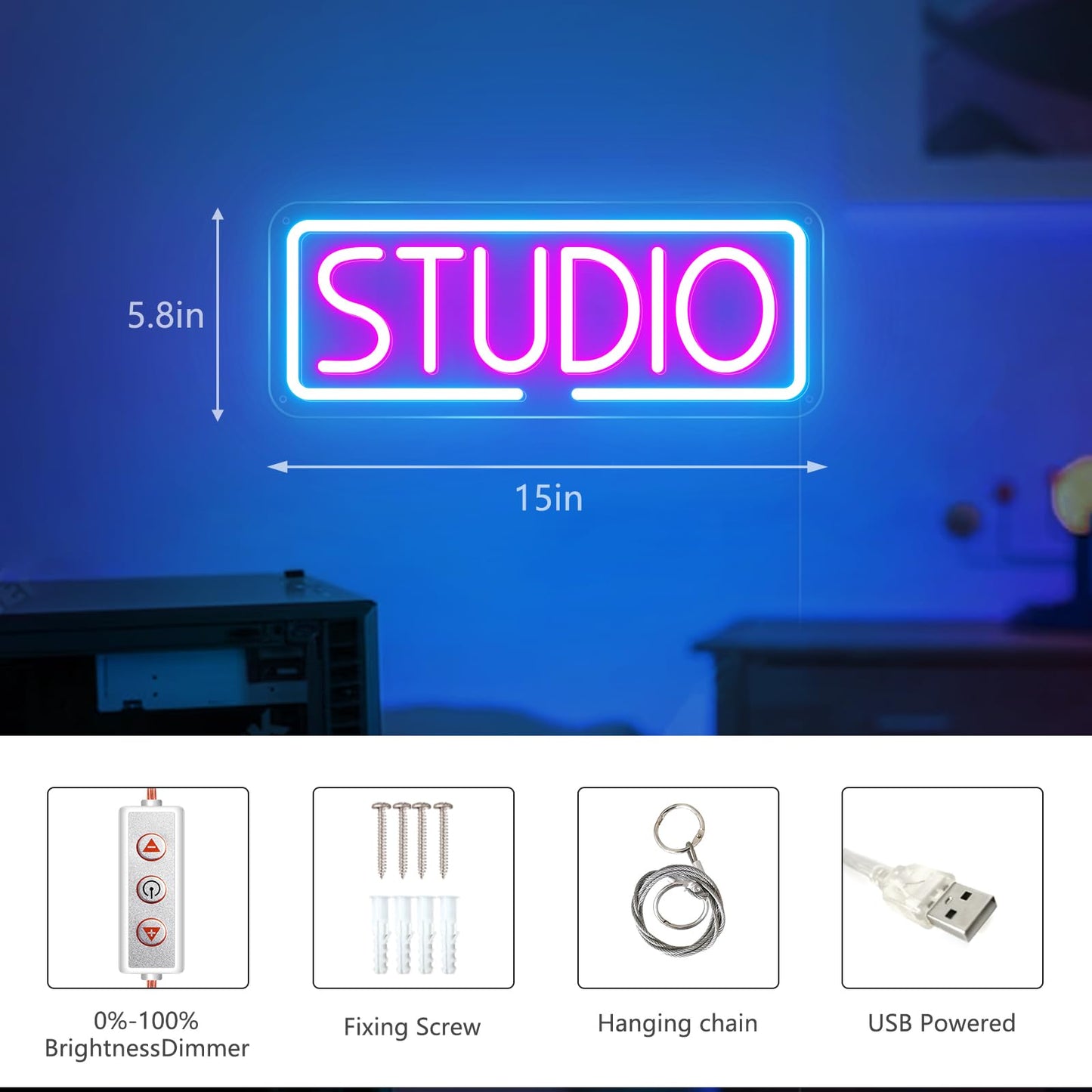 Studio Neon Sign, Music LED Sign Light, USB Powered Dimmable Light Up Sign For Recording Room, Music Studio, Streaming, Party, Club, Podcast Wall Decor Gift