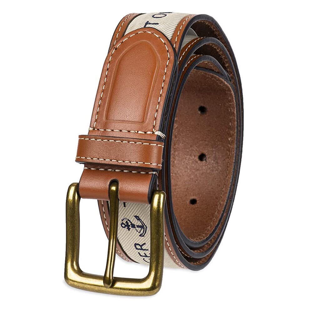 Tommy Hilfiger Men's Ribbon Inlay Belt - Ribbon Fabric Design with Single Prong Buckle, Khaki, 38