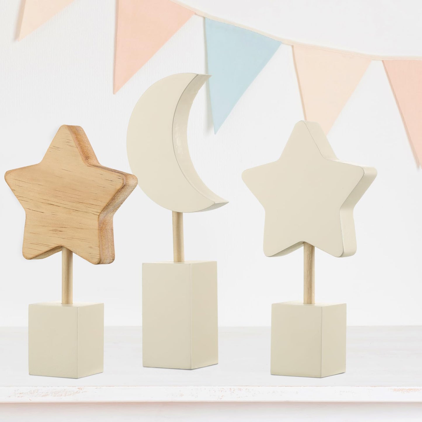 Barydat 3 Pcs Boho Nursery Shelf Decor Wooden Moon and Star Nursery Decor Set Cute Bohemian Children Kids Decoration for Boys Girls Farmhouse Bedroom Kindergarten Classroom Playroom Bookshelf