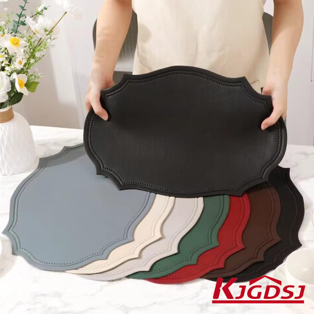 Double-Texture Faux Leather Oval Placemats Set of 6 Washable Heat Insulation Mats Watertight and Non-Slip for Home Kitchen 、Coffee Shops、Restaurants(Brown)