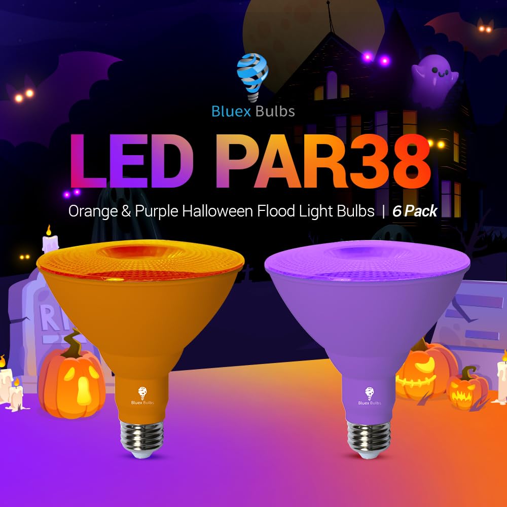 Bluex Bulbs 6 Pack LED Par38 Flood Purple Orange Light Bulb - 18W (120Watt Equivalent) - Dimmable - E26 LED Lights, Party Decoration,Home Lighting, Holiday Halloween Orange Purple Flood Lights Bulbs