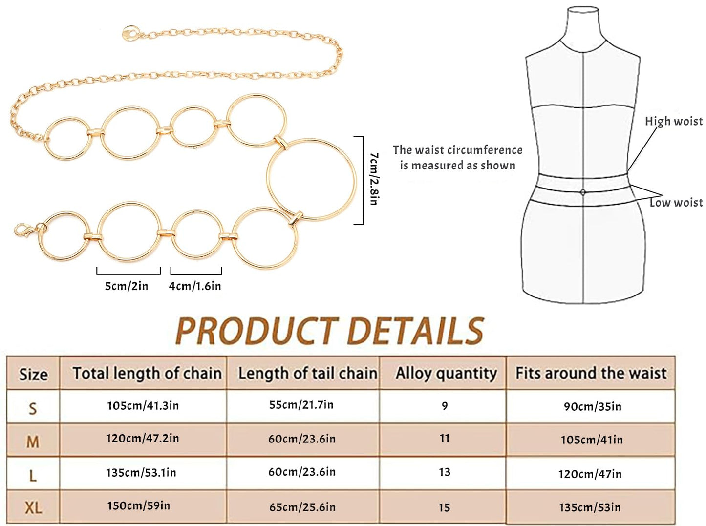 Putcuku Fashion Waist Chain for Women Boho Metal Chain Belts for Jeans Dress (O-ring Gold-XL)