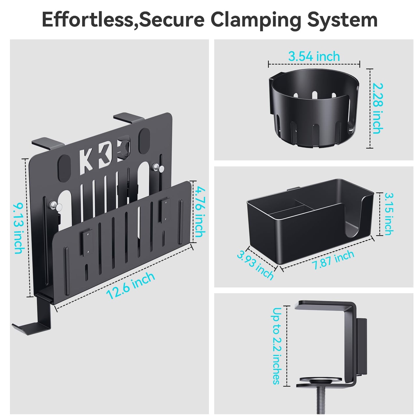 KDD 7 in 1 Desk Side Organizer Set, Under Desk Laptop Holder Storage, No Drill Laptop Stand Mount with 2 Cup Holder, Pen Holder, Headphone Hanger and 2 Pin Magnet, Detachable Hanging Stand