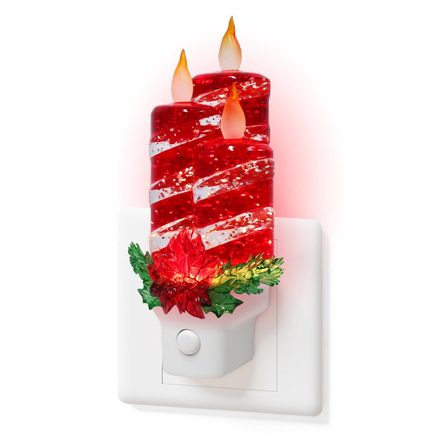 Christmas Candle Night Light Plug into Wall Glitter Water Nightlight with USB/Outlet Options, Christmas Decorative Nightlight for Bedroom Kitchen Nursery Hallway Holiday Decorations Gifts (Red Candle)