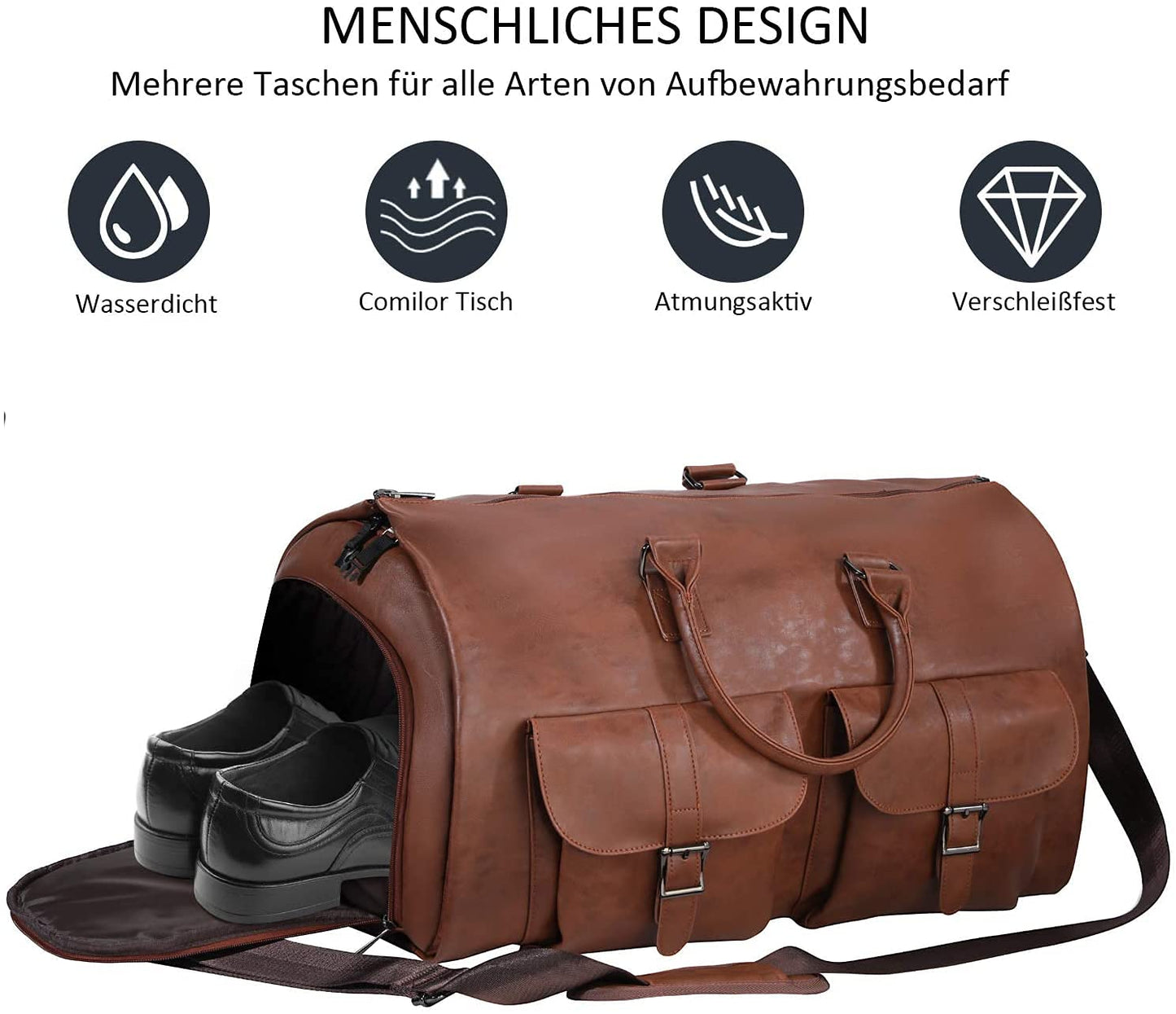 seyfocnia Carry On Garment Bag, Waterproof Mens Garment Bag for Travel Business, Large Leather Duffel Bag with Shoe Compartment -Brown