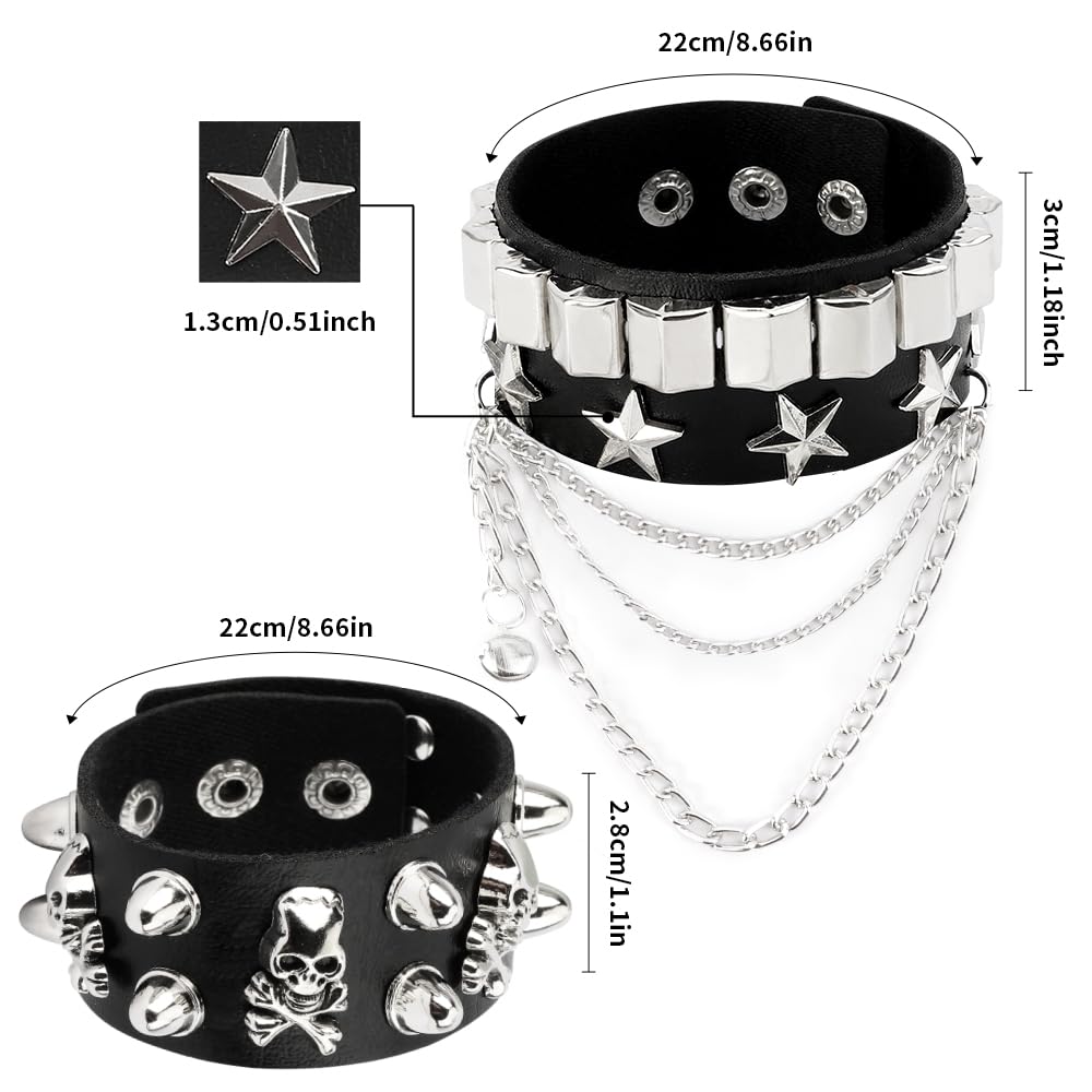 DTUIEUI Punk Set 11pcs Black Leather Cuff Bracelet, Studded, Spiked, Emo, Goth, Spike, Studded Arm Band, 80s Punk Gothic Rocker Halloween Costume Accessories