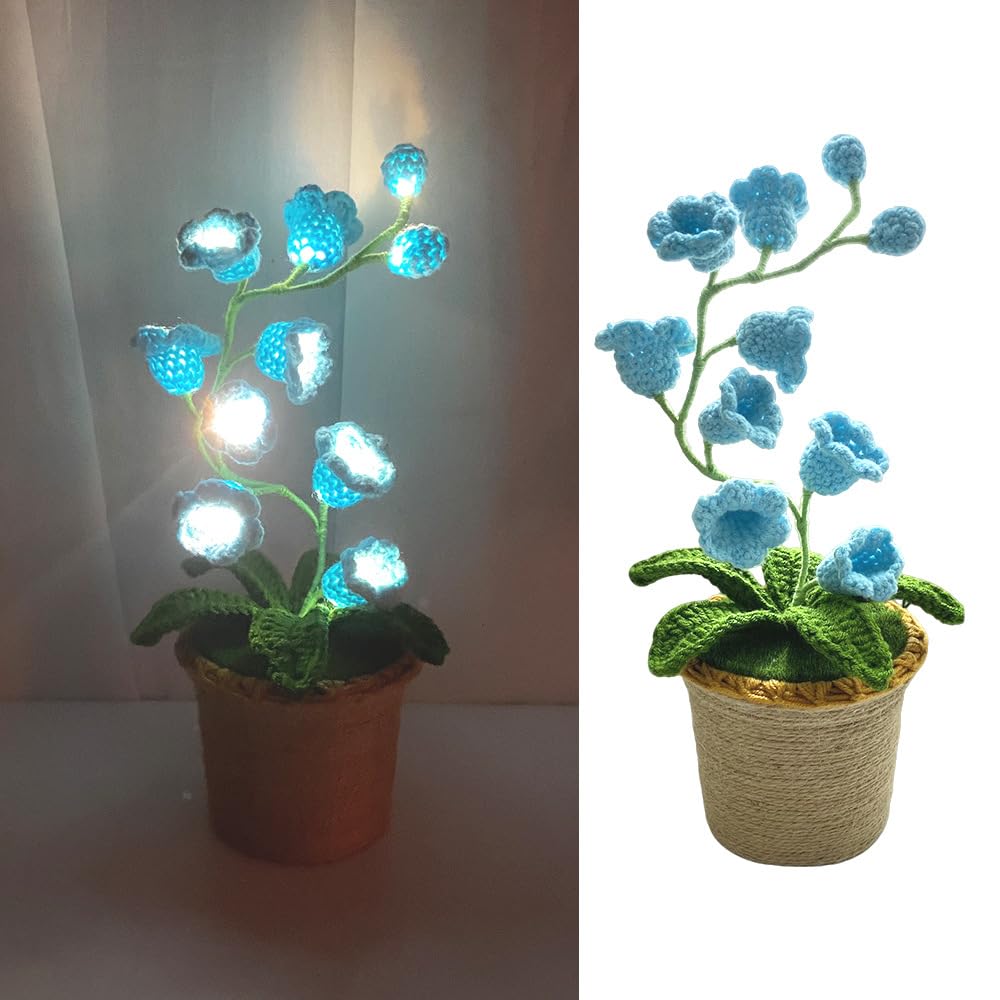 AVEKI Lily of Valley Lamp, Handmade Crochet Artificial Flower Lamp with Warm Light, Cute Desk Lamp for Bedroom, Battery Power Decor LED Night Light, Gift for Mom Daughter Girlfriend (Warm) (Blue)