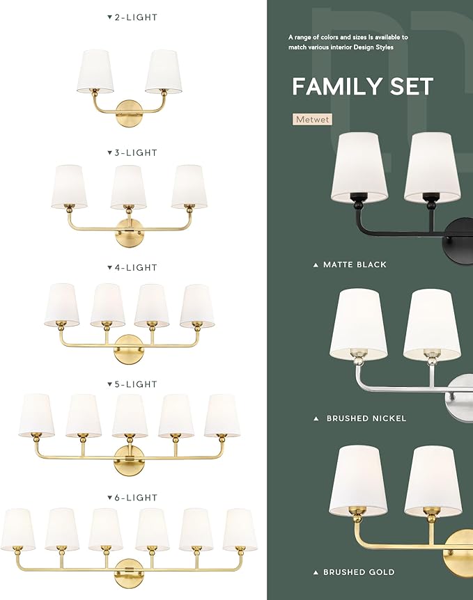 2-Light Bathroom Light Fixtures, Brushed Gold Vanity Lights, Double Wall Sconce with Flared White Fabric Shade, Modern Sconces Wall Lighting for Hallway Bedroom Stairway, VL837-BG-2-S