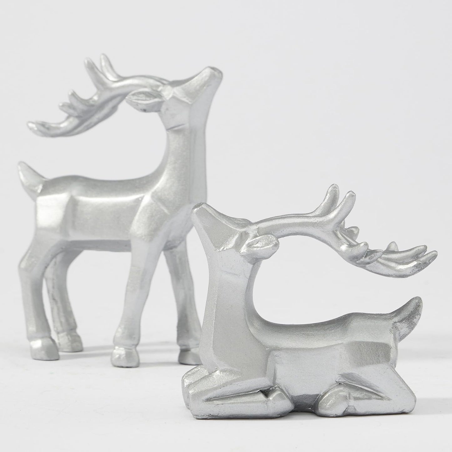WDS WONDROUS Christmas Decor Trees and Reindeer Figurines Decoration- Sliver Set of 5 Christmas Tree Statues and Deer Decor Set, Resin Ornaments Tabletop Shelf Office Indoor