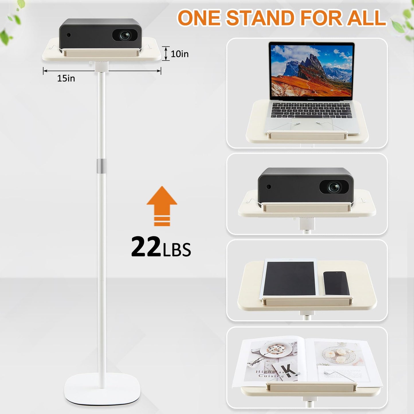 2 in 1 Dual-use Floor & Desktop Book Stand White, 19.6-54 Inch Height Adjustable, for Bible Stand Music Holder Podium Recipe Cookbook, Foldable Book Holder for Reading with Page Clips