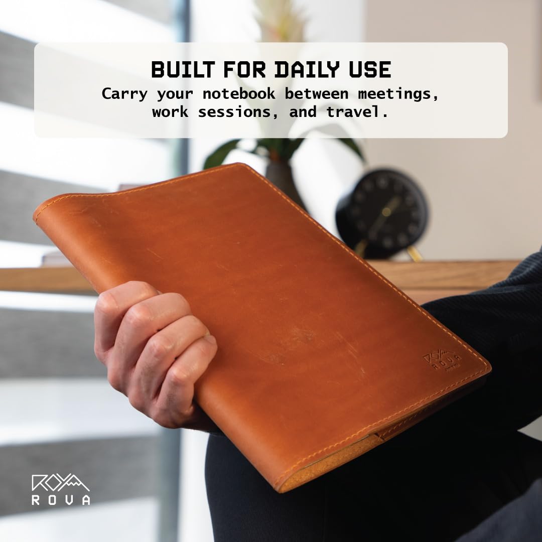 ROVA Full Grain Leather Notebook Journal Cover - Hand Crafted in the USA - Fits Moleskine XL (9.75" x 7.5") - Lay Flat Design with Pen Loop - Brown