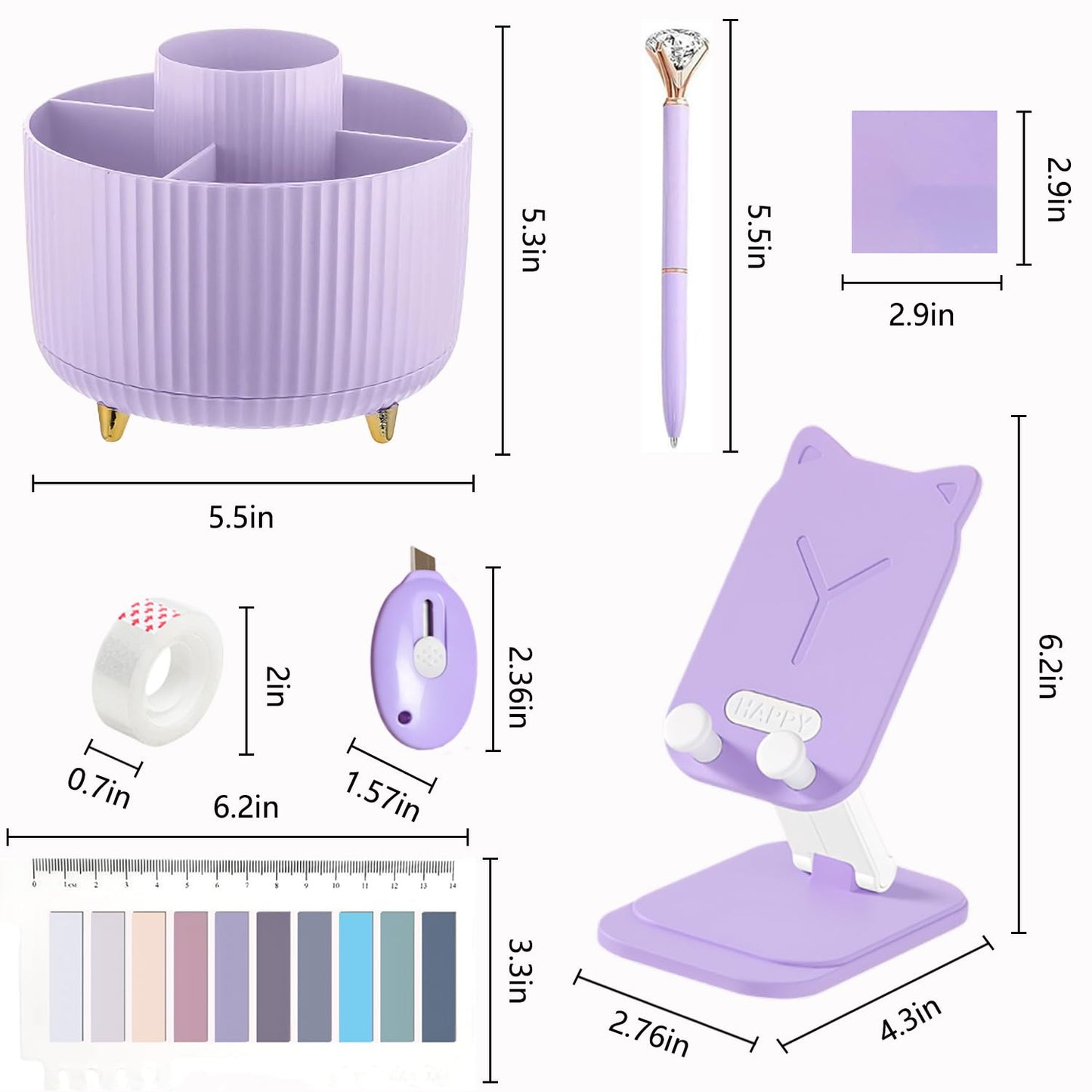 Office Supplies,Purple Desk Accessories,Desk Organizer,Phone Stand,Scissors,Stapler,Tape Dispenser,Binder clips,Staples,staple remover,Sticky Notes,Index Tabs,Clear Tape,Mini Box Cutter,Cool Pen.16pcs