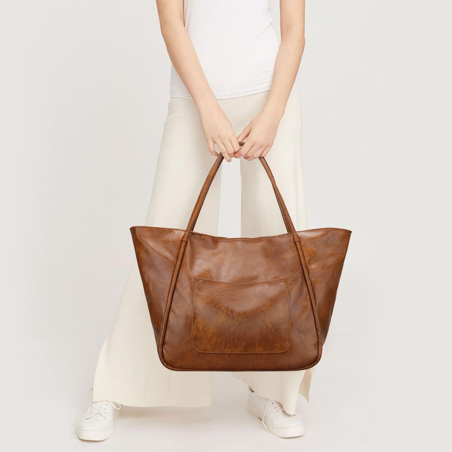 KKXIU Large Tote Bag for Women with Zipper Work Leather Travel Purse and Handbags - Dark Brown