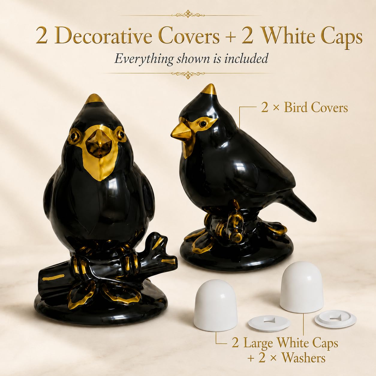 Cardinal Bird Toilet Bolt Covers, 2 Pcs Matte Black Ceramic Toilet Screw Cover Caps with White Floor Bolt Caps & Washers, Gothic Bathroom Decor