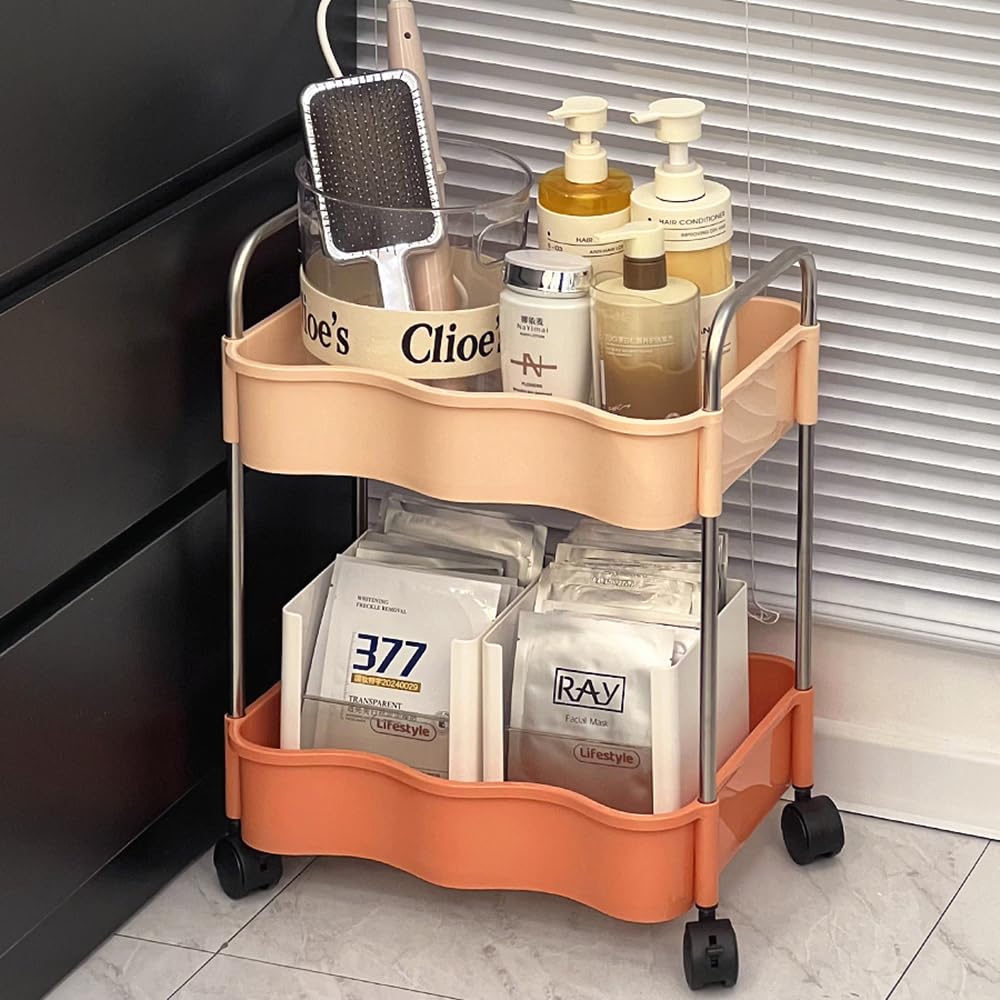 2 Tier Utility Rolling Cart with Wheels Under Desk Storage Cart Organizer with Handle for Home Kitchen Bathroom Office Organization Pink