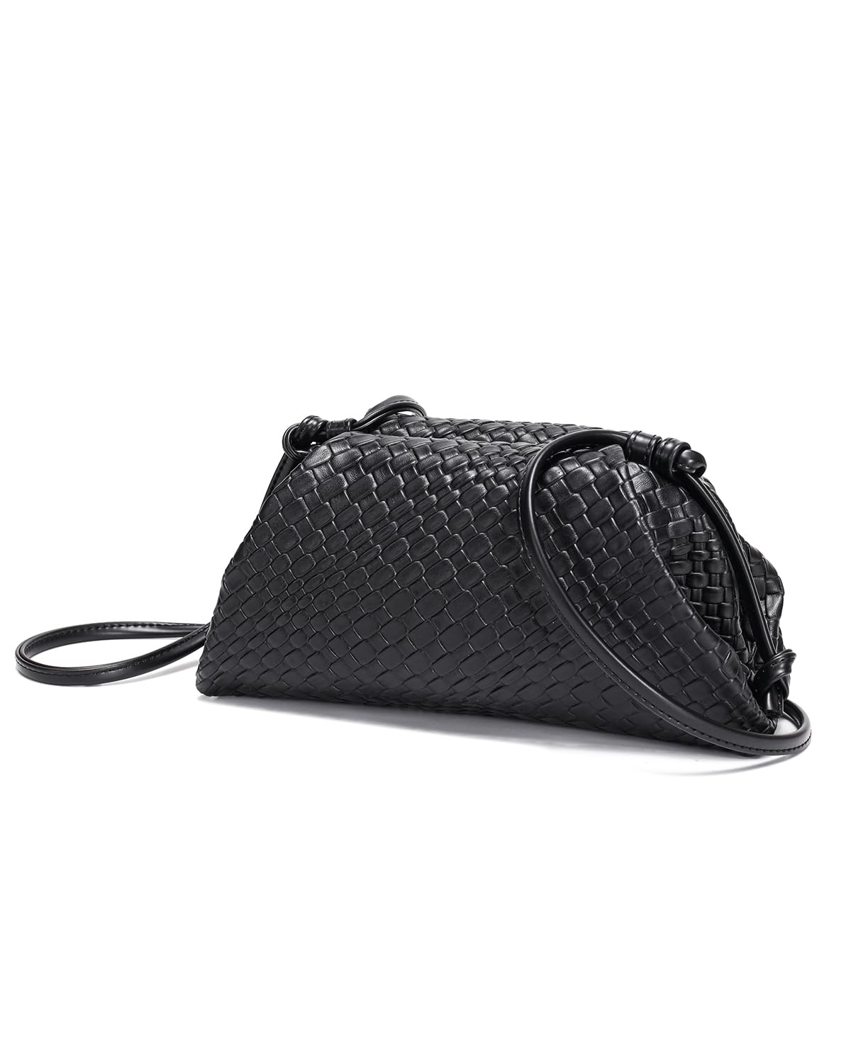 SUANNI Black Woven Vegan Leather Evening Bag, Dumpling Clutch Purse for Women, Shoulder Crossbody Bags with Adjustable & Detachable Strap, Clasp Closure Handbag for Party Wedding Weekends