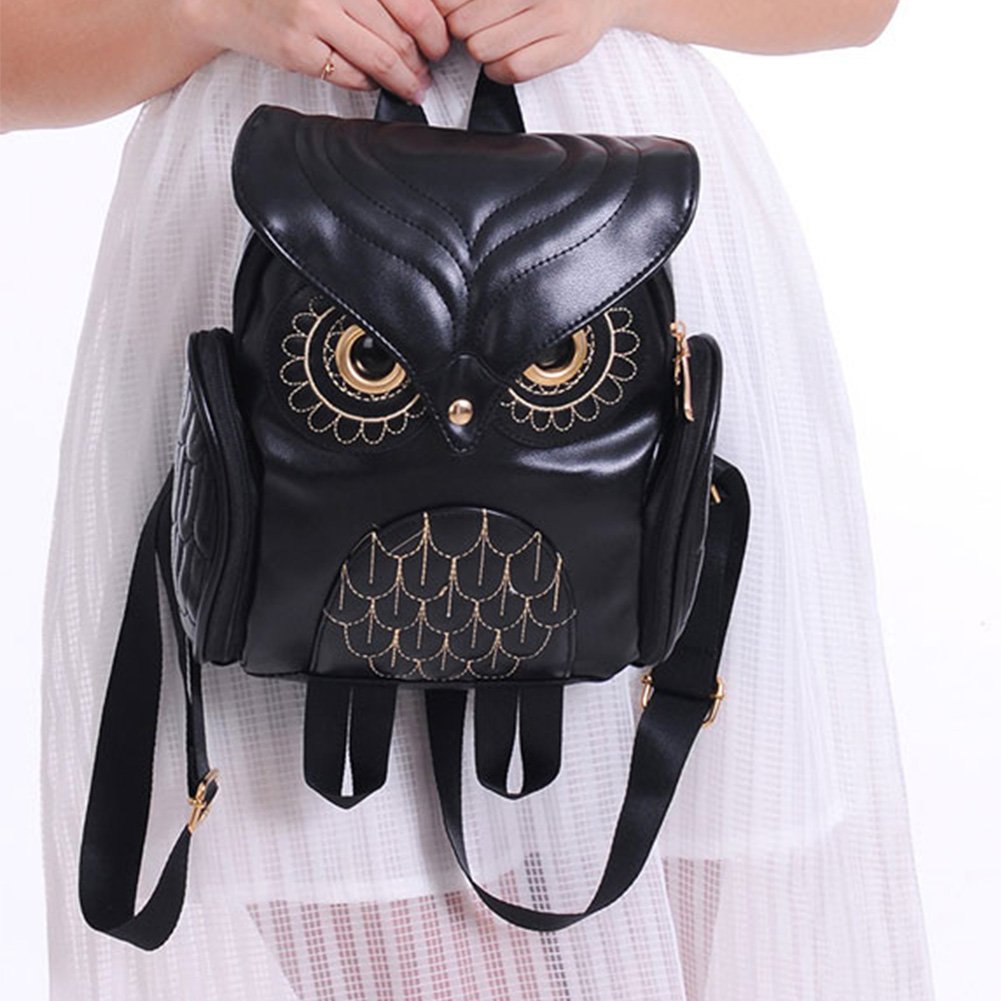 WYSBAOSHU Fashion Owl Backpack Small Casual Daypack for Women Pu Leather Mini Bag (Black)