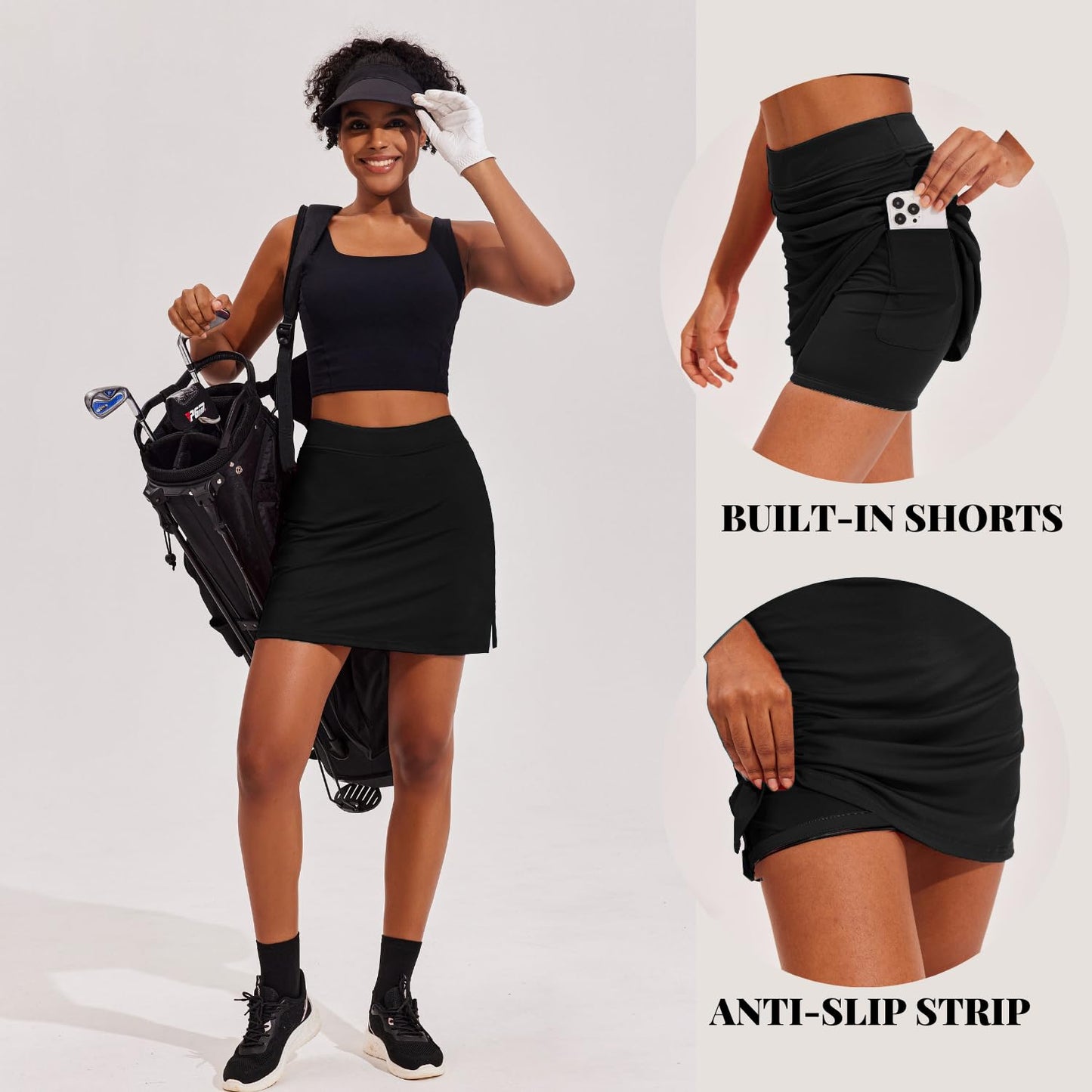 Ekouaer Golf Skirts for Woman with Pockets Silicone Grippers Tennis Skirt Inner Shorts Athletic Pickleball Running Skort,Black Medium