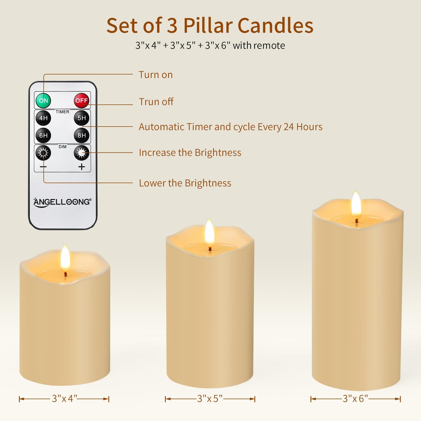ANGELLOONG Flameless Candles with Remote, Flickering Battery Operated Pillar LED Candles with 4/5/6/8H Timer for Bridal Shower, Wedding Table Decor, Home Decor, Set of 3