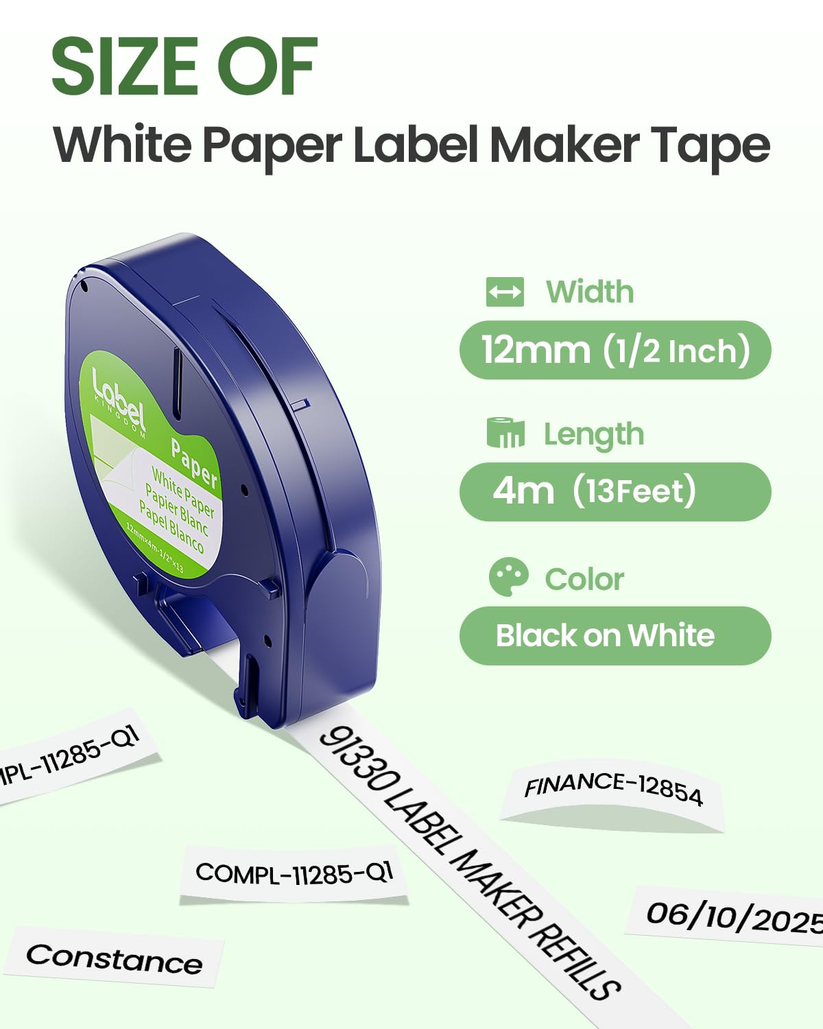 Compatible with Dymo Letratag Refills White Paper Label Maker Tape Replacement for Dymo Label Maker Refills 12mm x 4m (1/2" x 13') for LT-100H 100T Plus 200B, 5-Pack Label KINGDOM 91330 Refills