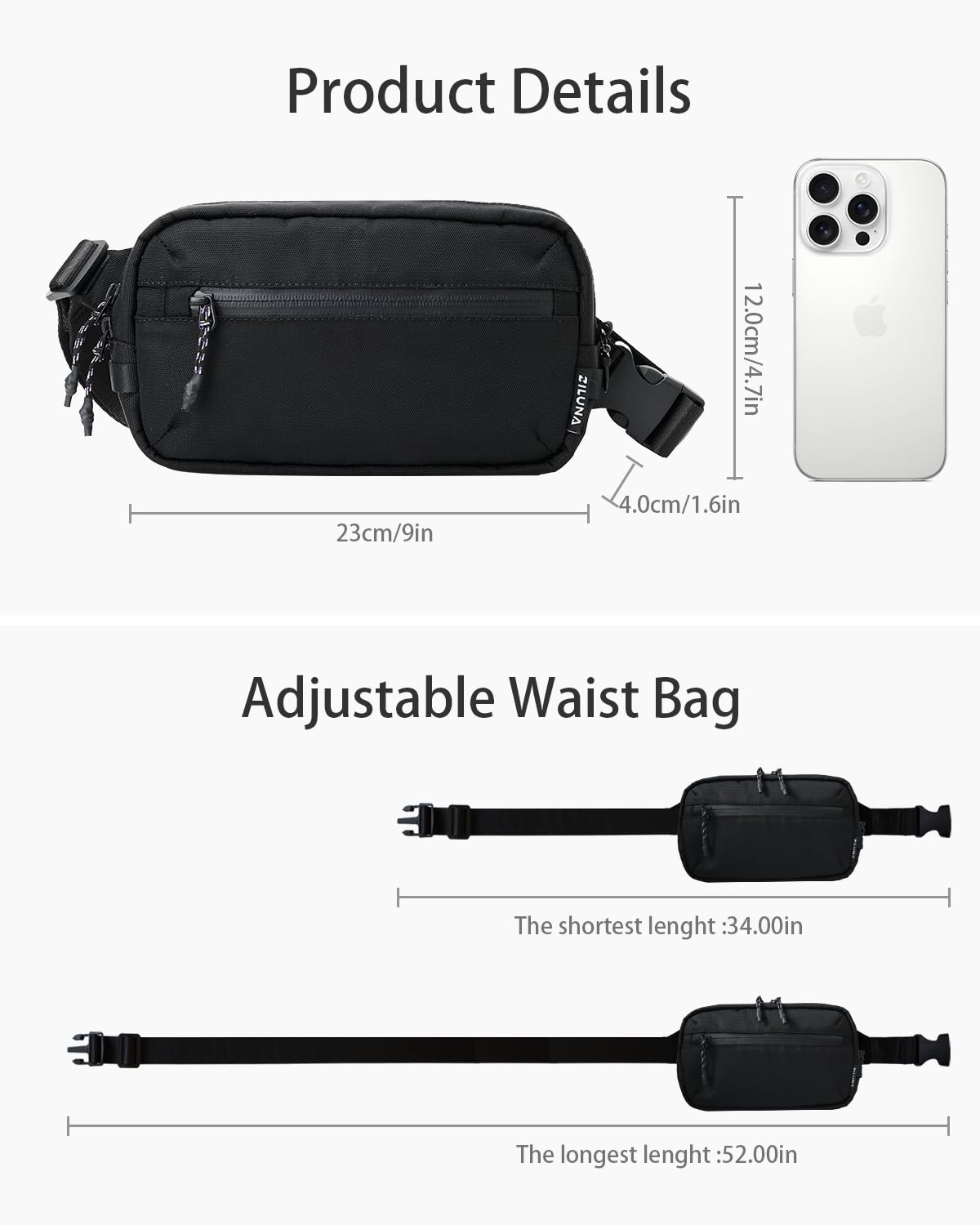 2L Sling Bag for Men & Women - Anti-Theft RFID Blocking Fanny Pack with Lockable Zippers, Water Resistant Lightweight Crossbody Bag for Travel Hiking Running Gym Walking Daily Use(Black)