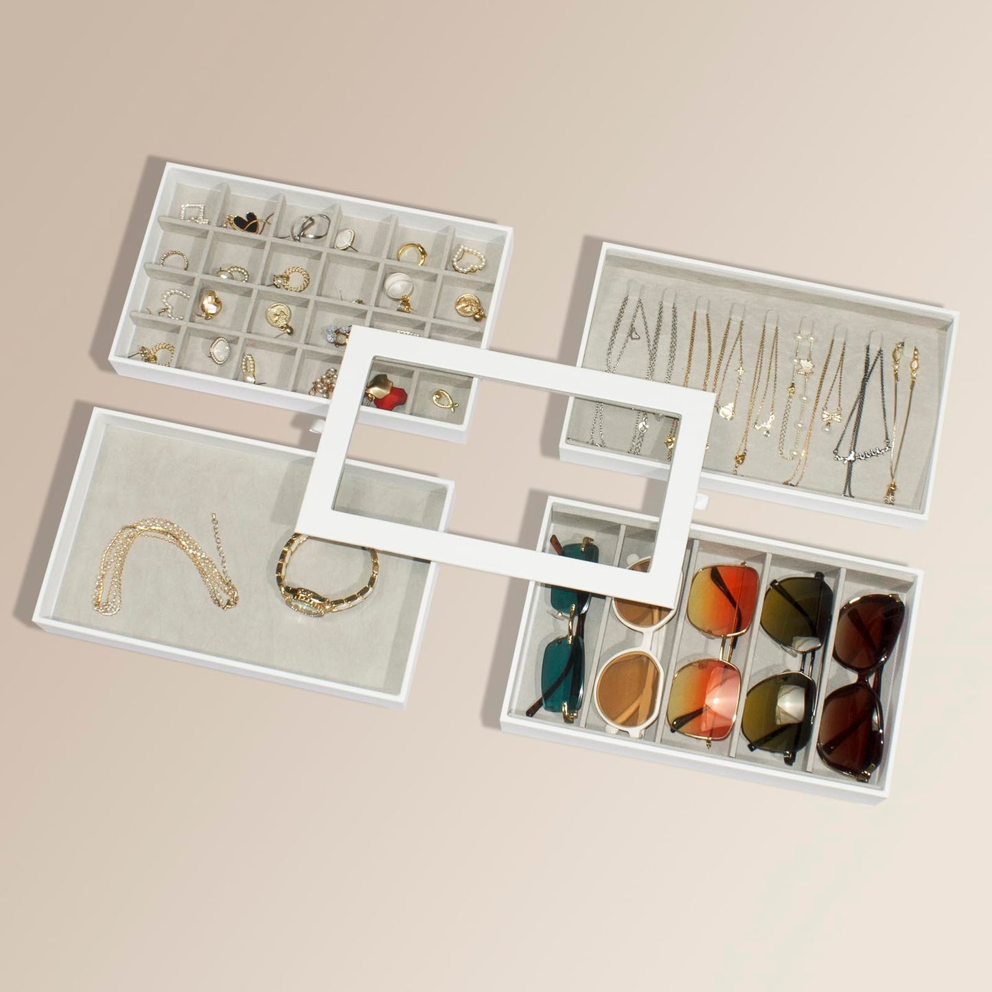 GLOBAL KA Stackable Jewelry Organizer Trays with Glass Lid,Jewelry Tray for Drawer Insert,Jewelry Display Case for Earring Necklace Ring Watch Bracelet,White PU Leather Gray Velvet Lining,6 Layers