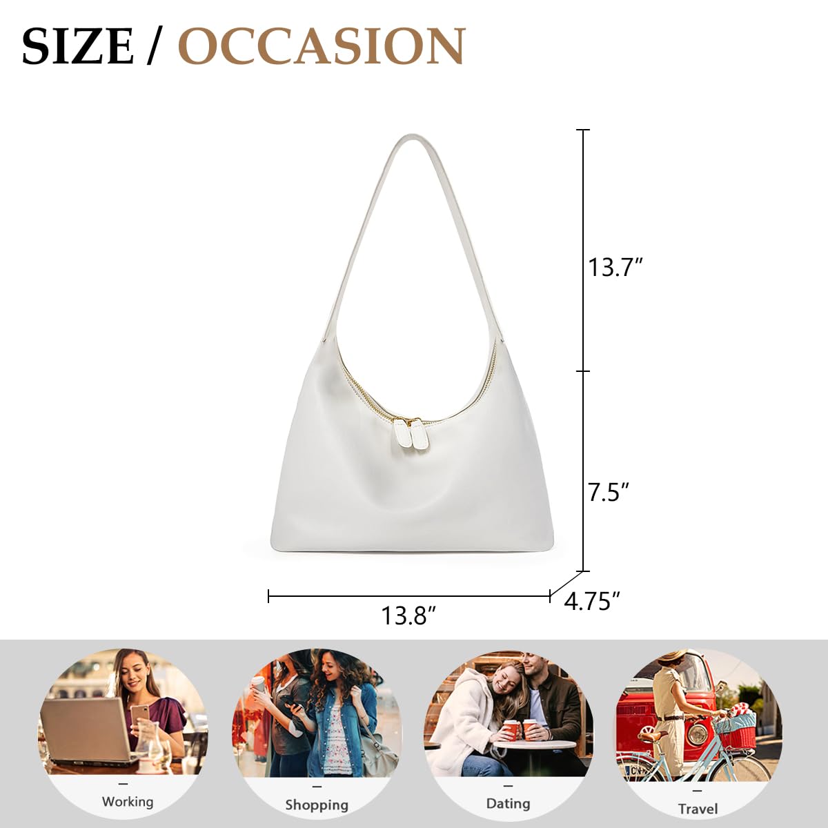 Small Shoulder Bag for Women Cute Hobo Purses Trendy Leather Tote Handbags Classic White Underarm Purse with Double Zipper