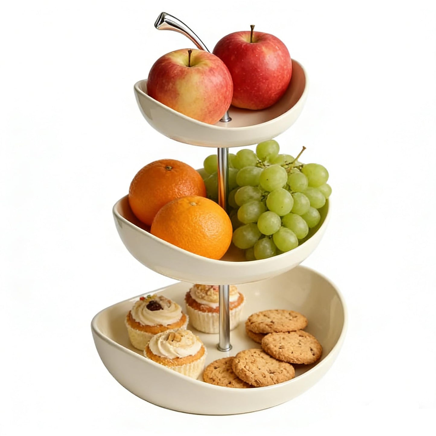 AHJK Ceramic Tiered Fruit Bowl, Cute Decorative Snack Plate for Coffee Table, Layer Dessert Tray for Kitchen Counter, Christmas Serving Fruit Display (White-Triple layer)