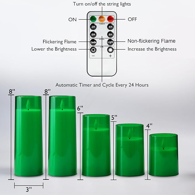 Homemory Green Flickering Flameless Candles, Battery Operated Acrylic LED Pillar Candles with Remote Control and Timer, Set of 5, St. Patrick's Day