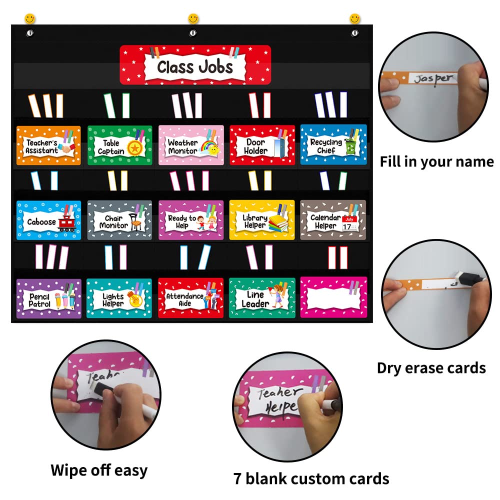 Classroom Jobs Pocket Chart for Teachers – 70 Dry Erase Cards, 24.5"x21.8" – Classroom Management Bulletin Board Set for Job Chart, Daily Routines, Helper Display – Reusable & Easy to Hang,Management Tool for Preschool to Elementary