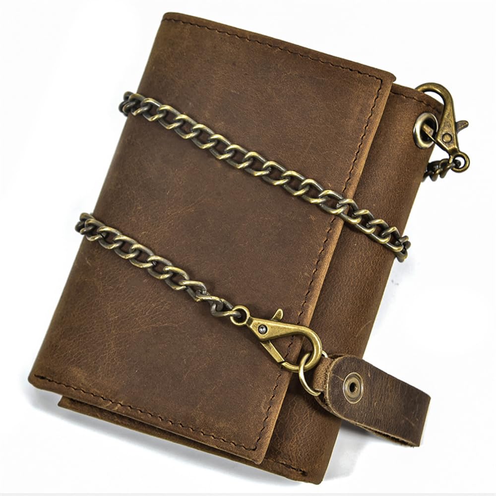 PINKPIN Mens Wallets with Chains, Genuine Leather Trifold Wallet RFID Blocking Anti-Theft Chain for Biker, Motorcycle (Brown)